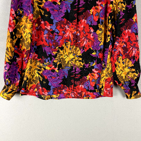 Carlisle Floral 100% Silk Top Womens 10 Blouse Colorful Bright Shoulder Pads - Picture 3 of 16